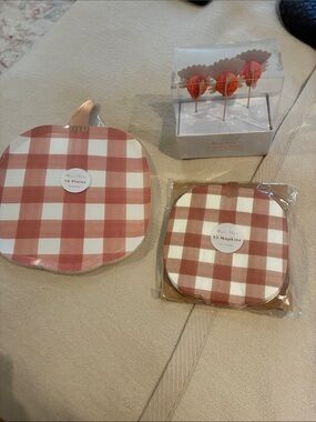 Meri Meri Red Gingham Pumpkin Plates, Napkins & Picks Set